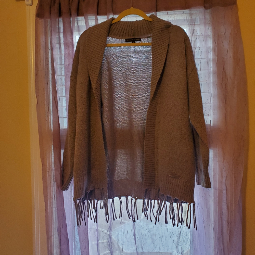 Adrienne Vittadini Taupe Fringe Cardigan